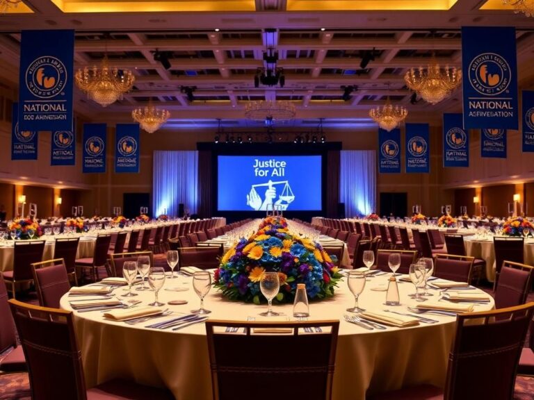 Flick International An elegantly set banquet hall for the National Bar Association gala featuring fine china and gold and blue centerpieces