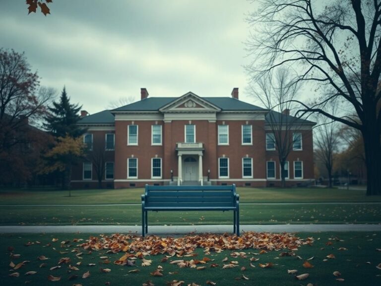 Flick International Empty university campus with a deserted bench and old brick building symbolizing exclusion