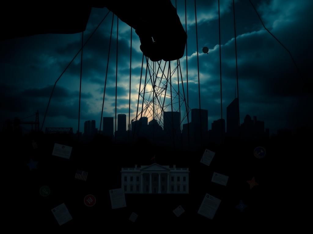 Flick International A dark, atmospheric depiction of political manipulation with a puppet master's hand controlling various symbols.