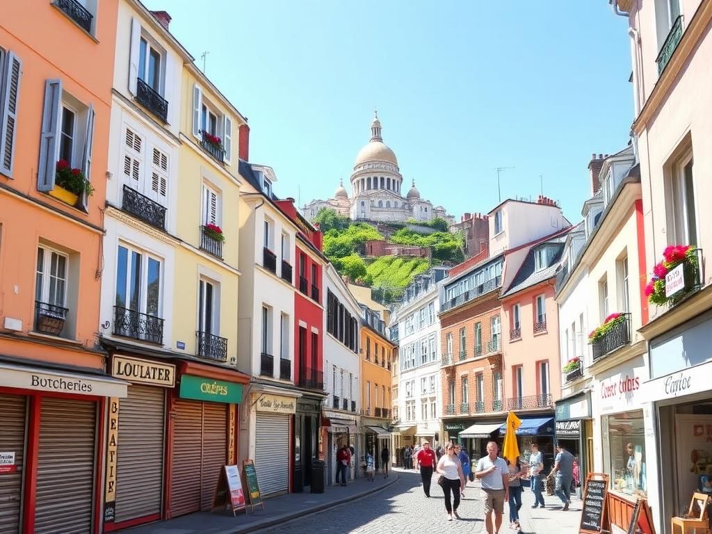 Flick International Charming street scene in Montmartre, Paris with colorful façades and Sacre-Coeur in the background