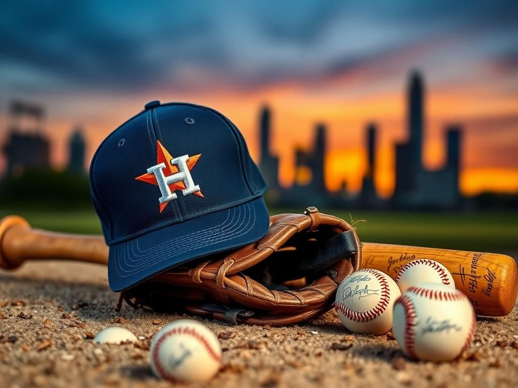 Flick International Houston Astros cap on a baseball bat with a vintage glove and sunset skyline