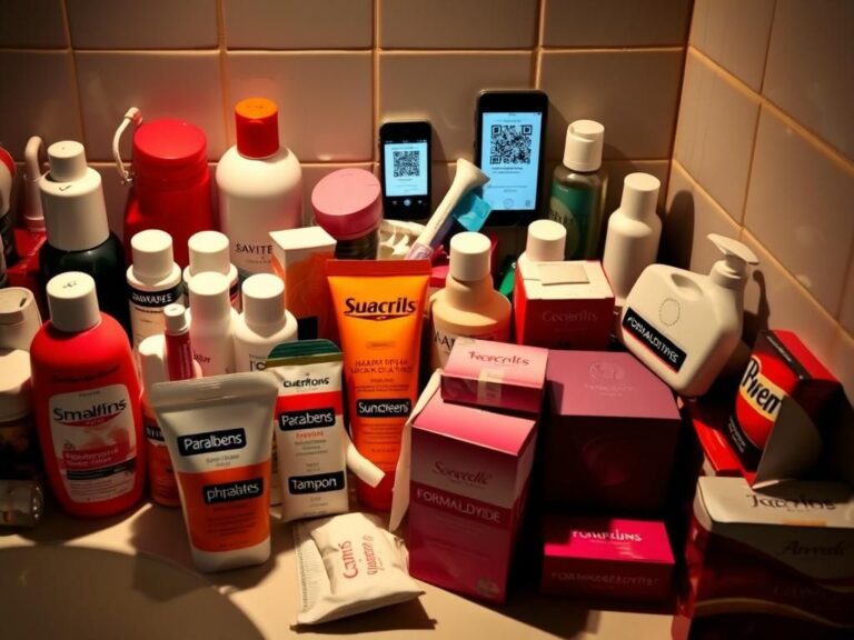 Flick International A cluttered bathroom counter displaying beauty products with harmful ingredient labels.