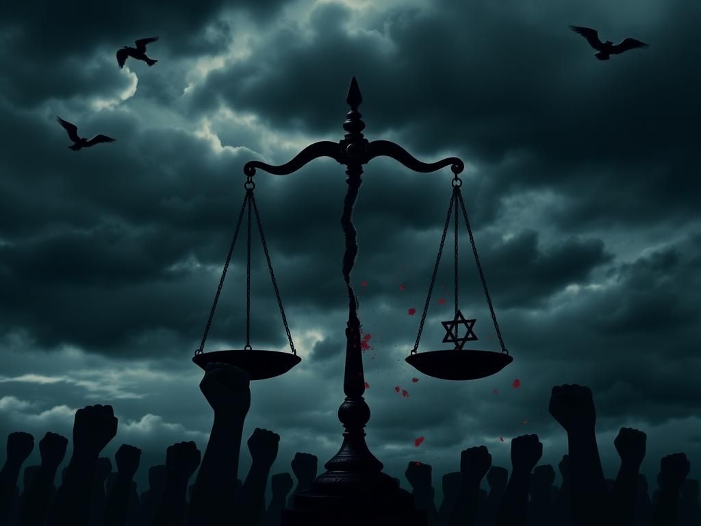 Flick International Abstract representation of justice with a broken scale under a stormy sky symbolizing antisemitism