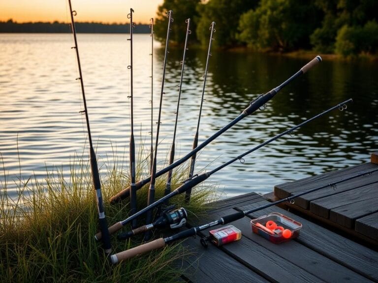 Flick International A serene lakeside scene showcasing various fishing rods during golden hour