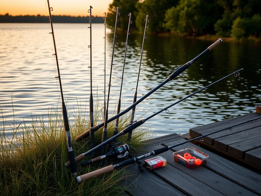 Flick International A serene lakeside scene showcasing various fishing rods during golden hour