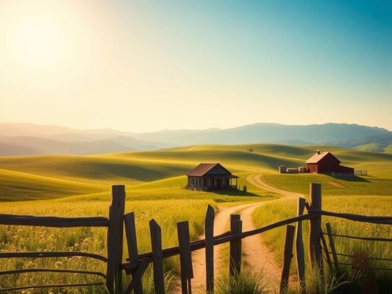 Flick International Vintage-inspired tranquil rural scene inspired by 'Little House on the Prairie' with a weathered wooden fence and quaint farmhouse.