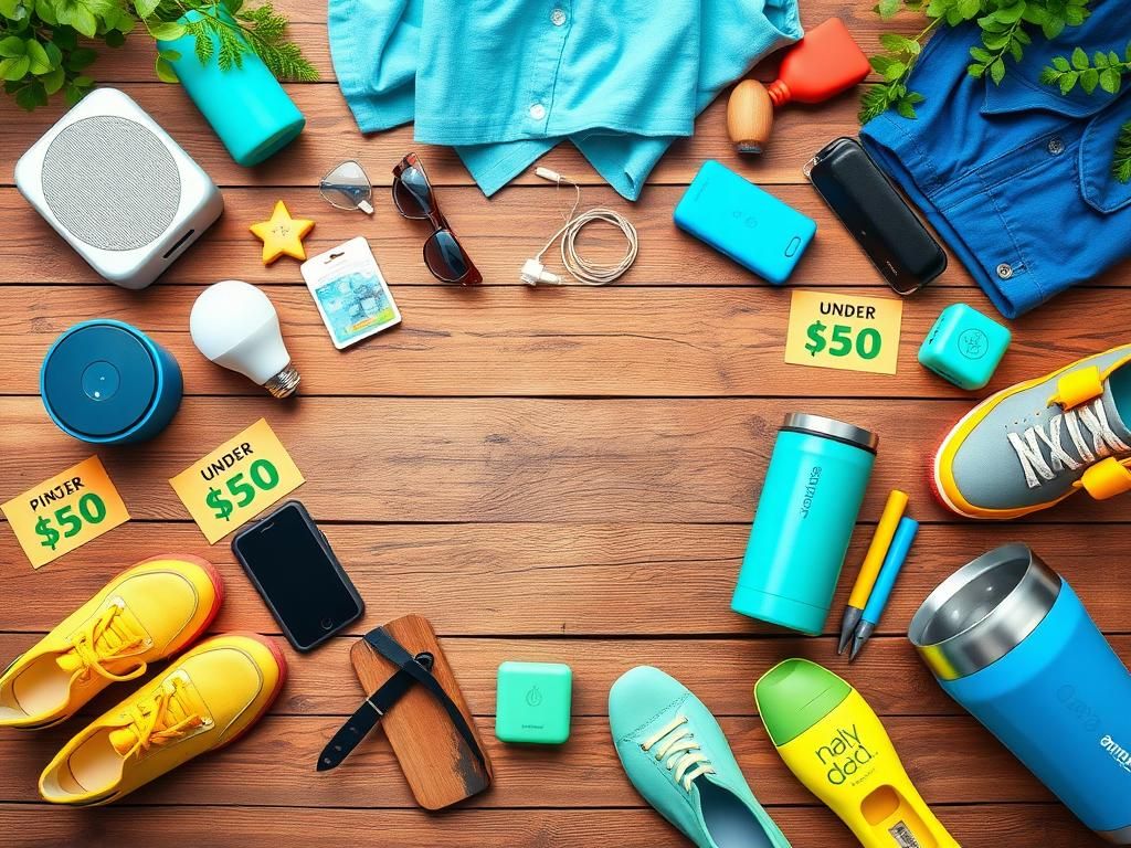 Flick International Vibrant flat lay of smart home devices, kitchen appliances, clothing, and shoes on a wooden surface