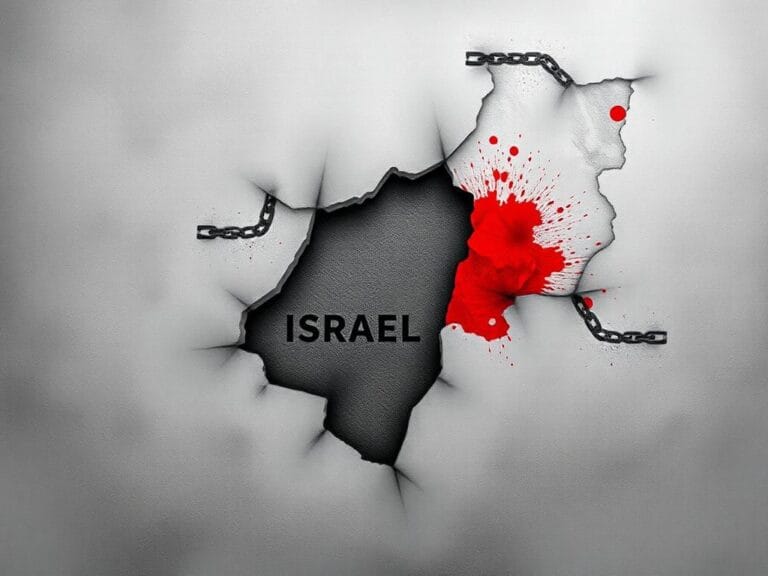 Flick International Abstract depiction of a fragmented map of the Middle East focusing on an indistinct area labeled 'Israel' blending into surrounding terrains symbolizing Palestine