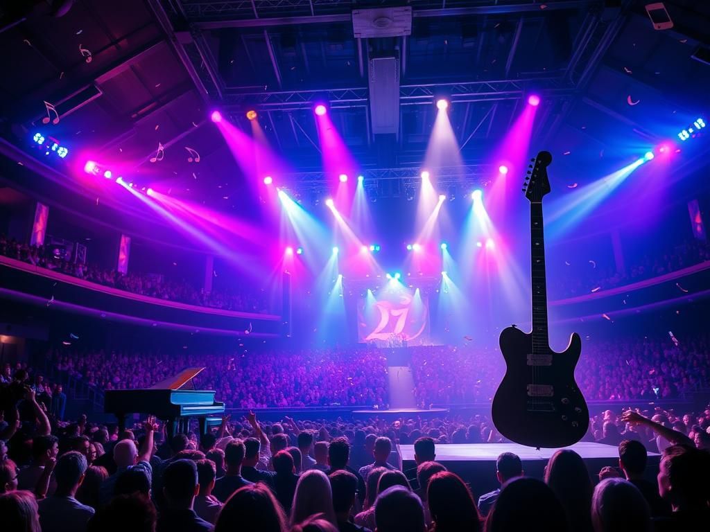 Flick International A vibrant concert scene at Lady Gaga's Mayhem Ball Tour with colorful lights and energetic audience atmosphere