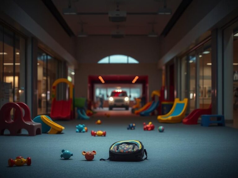 Flick International Surveillance video footage of a dimly lit mall play area with vivid playground equipment and abandoned toys, highlighting the scene of an abduction incident.