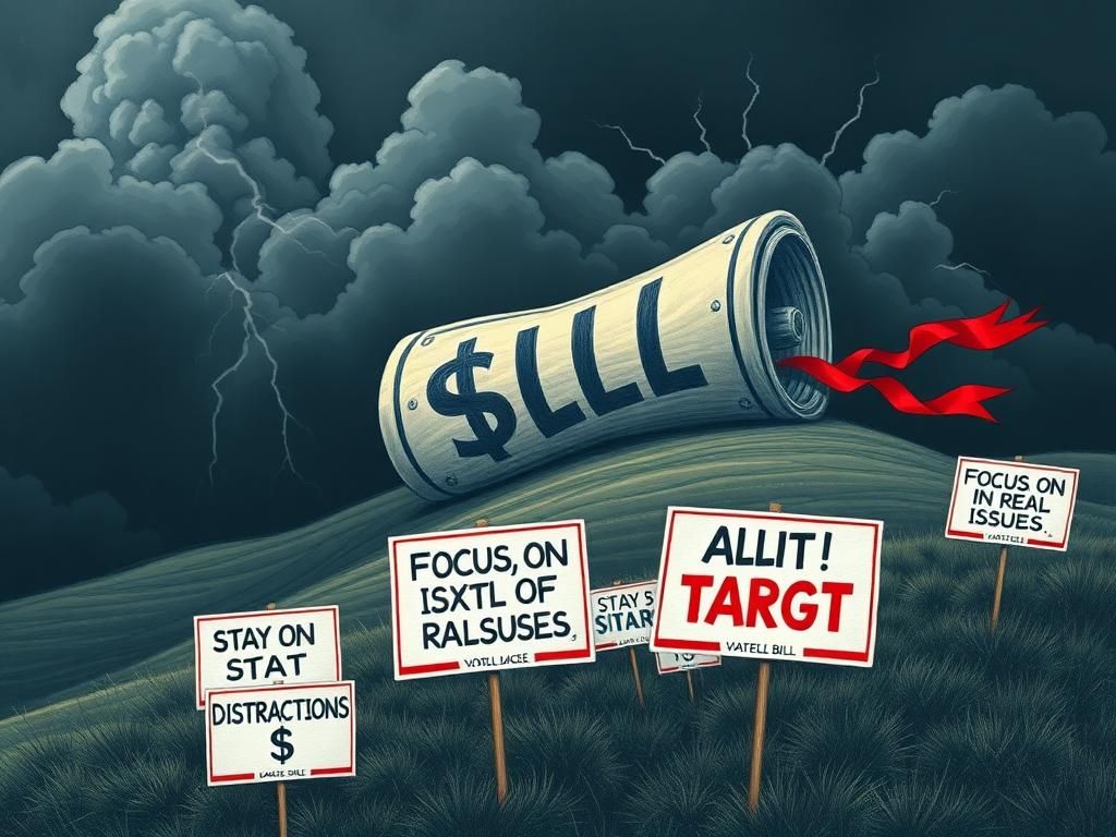 Flick International A large, imposing 'big, beautiful bill' rolling down a hill amid dark storm clouds, symbolizing Trump's legislation and the political controversy it has stirred.