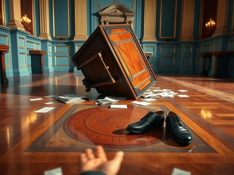 Flick International Overturned desk and scattered papers on the Senate chamber floor