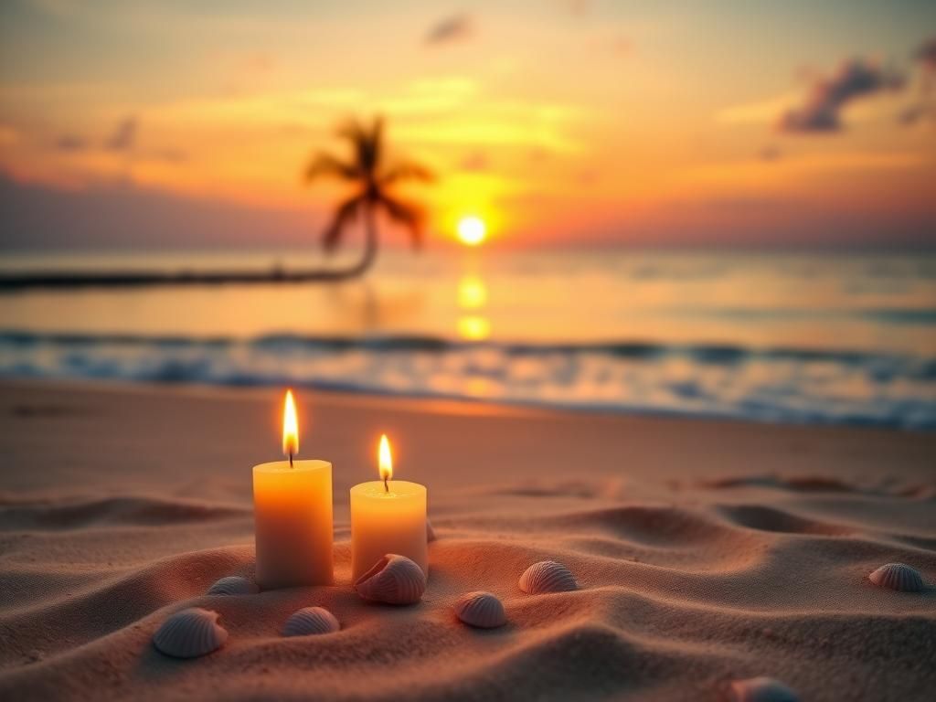 Flick International Vibrant sunset over a serene beach with flickering candles.
