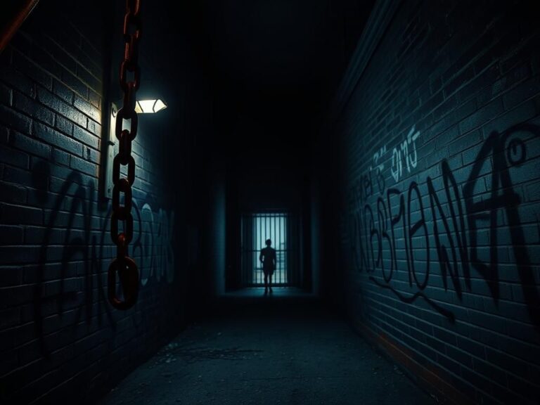 Flick International Dark alley illuminated by a flickering streetlight, representing crime and chaos.