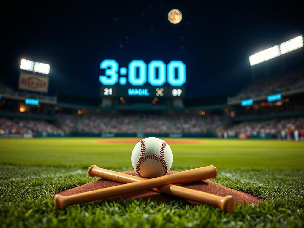 Flick International A baseball resting on the pitcher's mound with a glowing scoreboard showing '3,000' in a night stadium celebration.