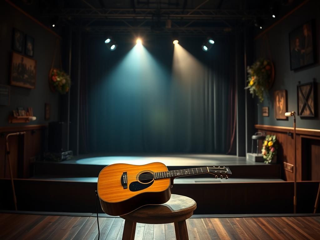 Flick International Vintage acoustic guitar on stage symbolizes healing through music