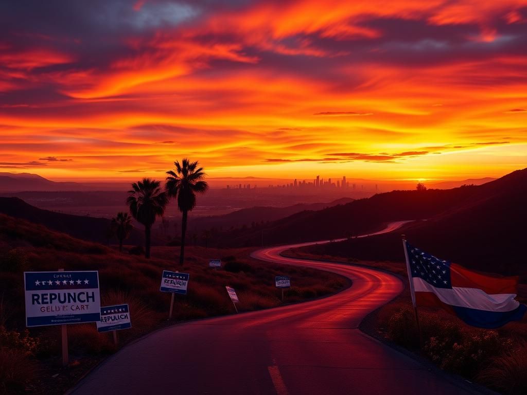 Flick International A dramatic sunset over a California landscape with palm trees and campaign signs