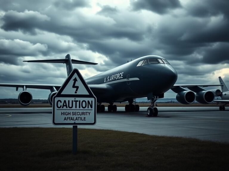 Flick International Dark blue U.S. Air Force cargo plane parked on an airstrip under an overcast sky
