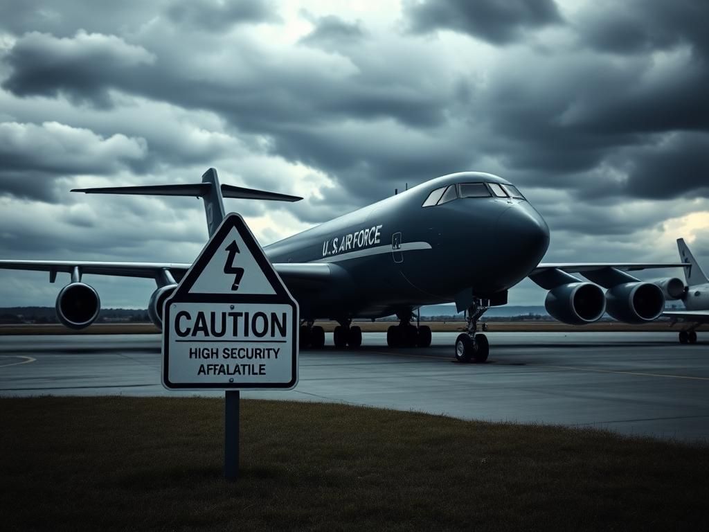 Flick International Dark blue U.S. Air Force cargo plane parked on an airstrip under an overcast sky