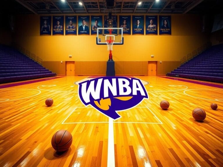 Flick International A dynamic basketball court scene showcasing the energy and spirit of the WNBA with a vibrant logo and polished wood flooring.