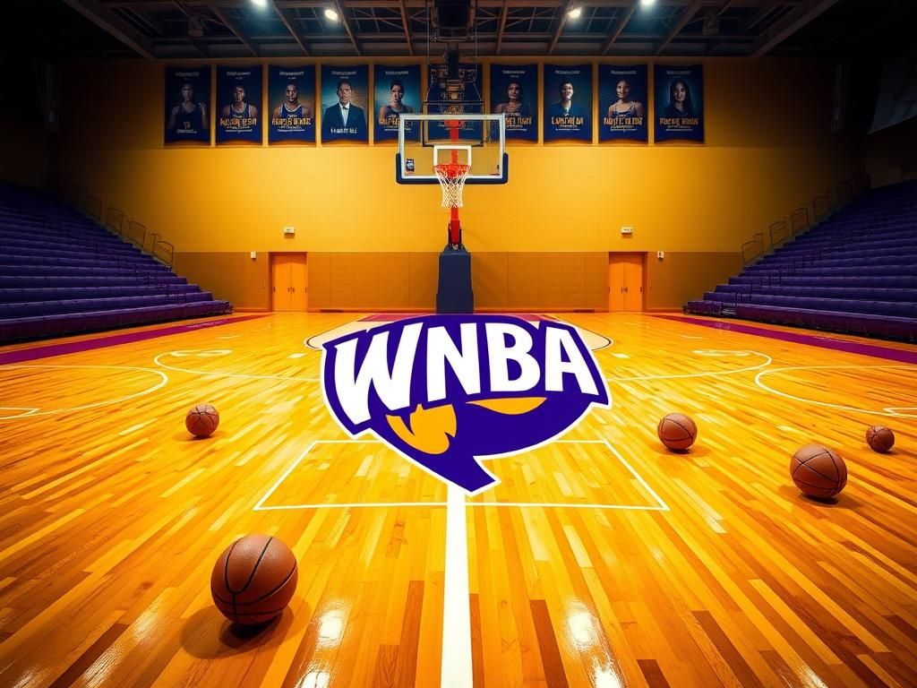 Flick International A dynamic basketball court scene showcasing the energy and spirit of the WNBA with a vibrant logo and polished wood flooring.