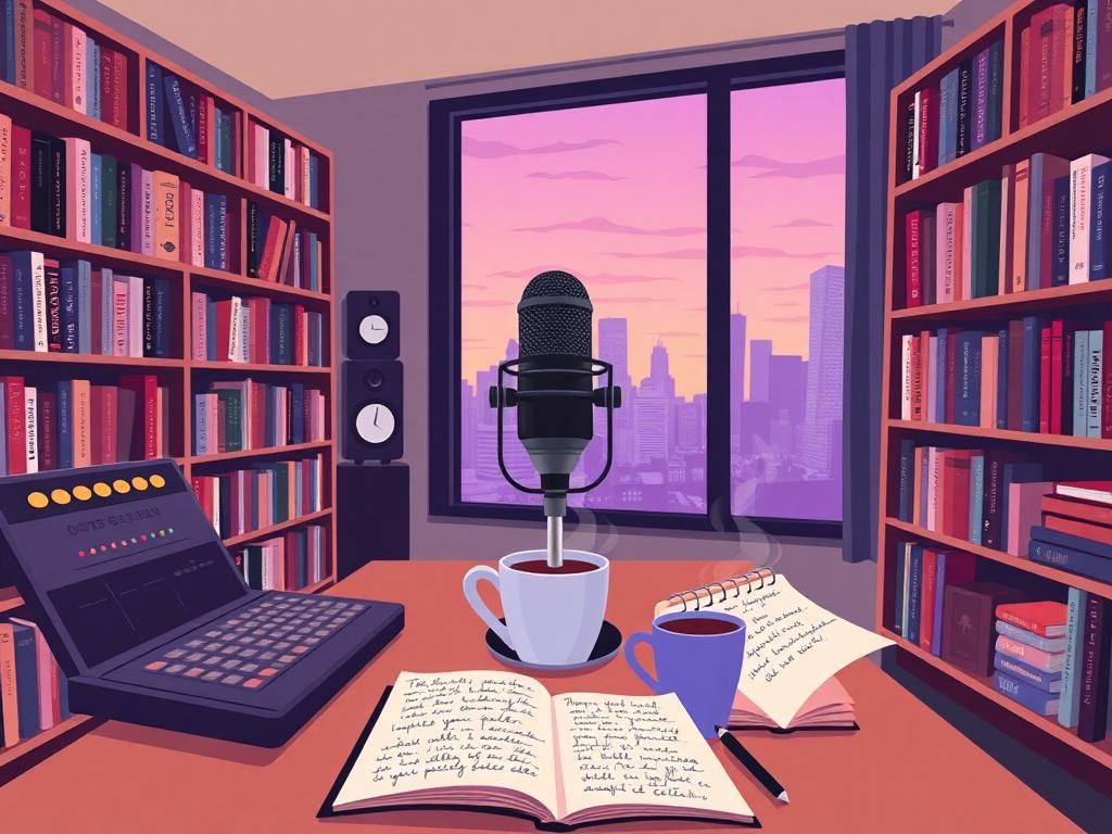 Flick International Cozy modern podcast studio with microphone, bookshelves, and city skyline view