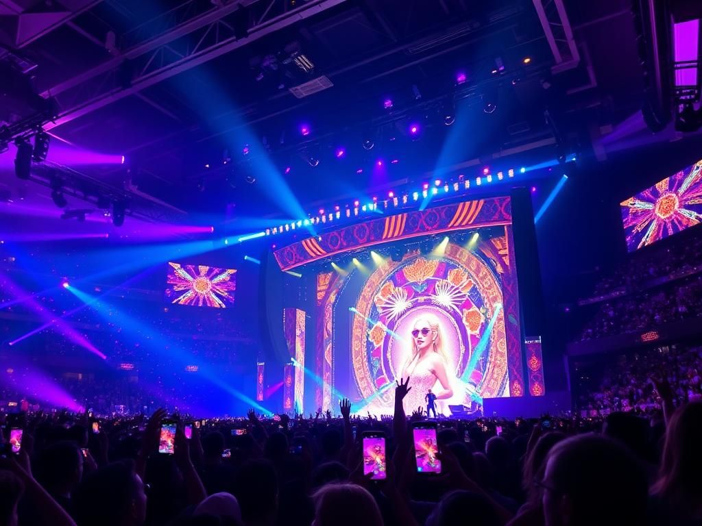 Flick International Vibrant concert scene featuring Lady Gaga's Mayhem Ball Tour with an energetic audience and colorful lights