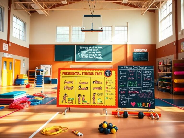 Flick International A vibrant school gymnasium filled with fitness equipment and a display board for the Presidential Fitness Test