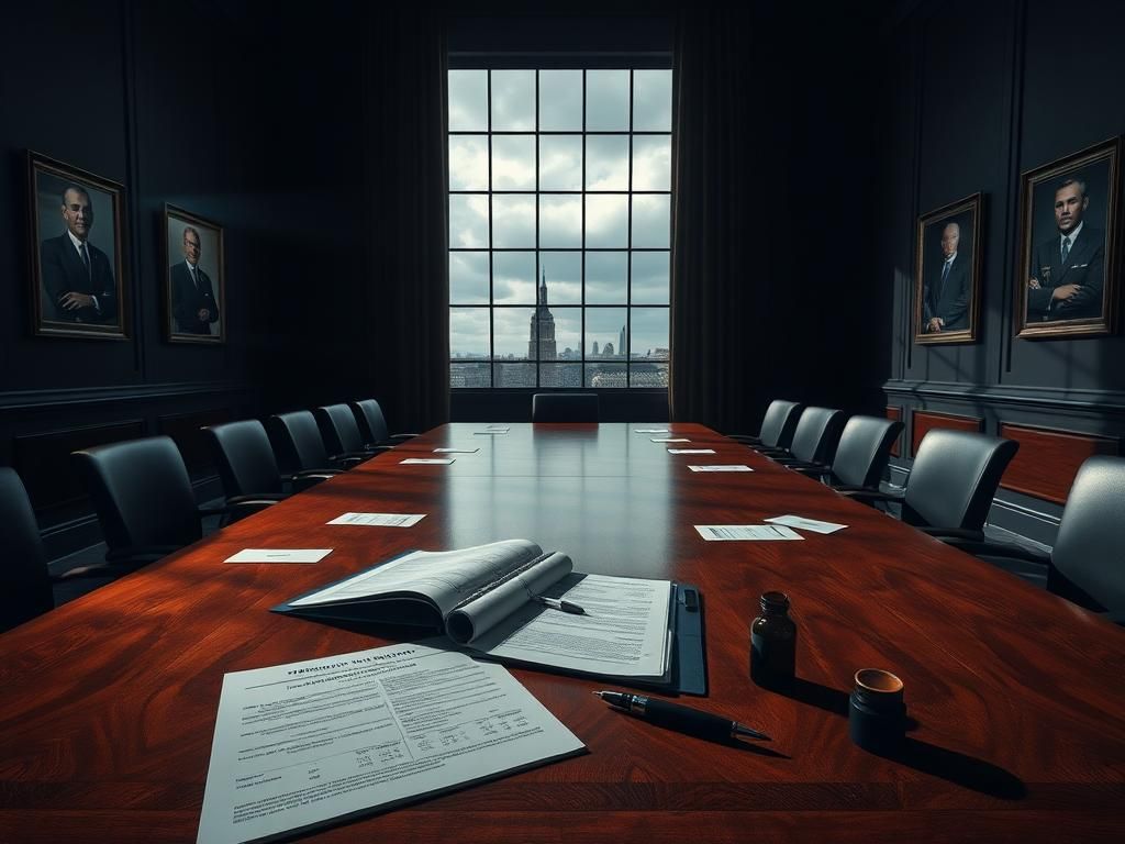 Flick International Dimly lit conference room with a polished wooden table and scattered documents