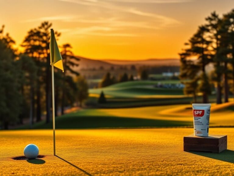 Flick International Serene golf course landscape at sunset with a golf flag and ball
