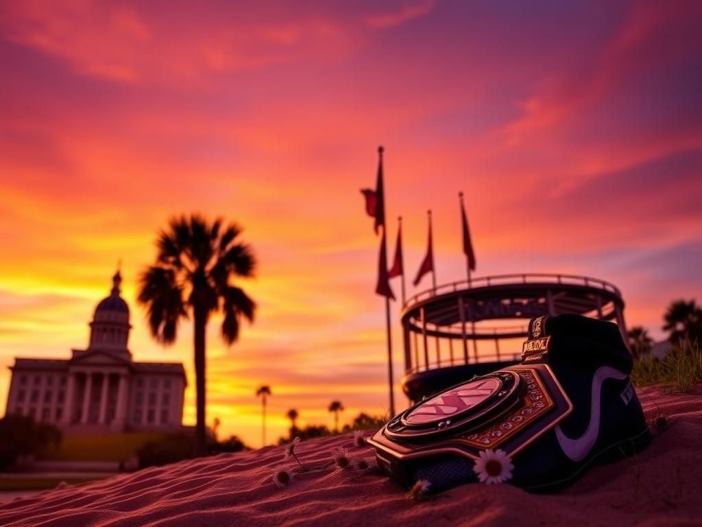 Flick International Scenic Florida landscape with the state Capitol, palm tree, and flags at half-staff after Hulk Hogan's passing.