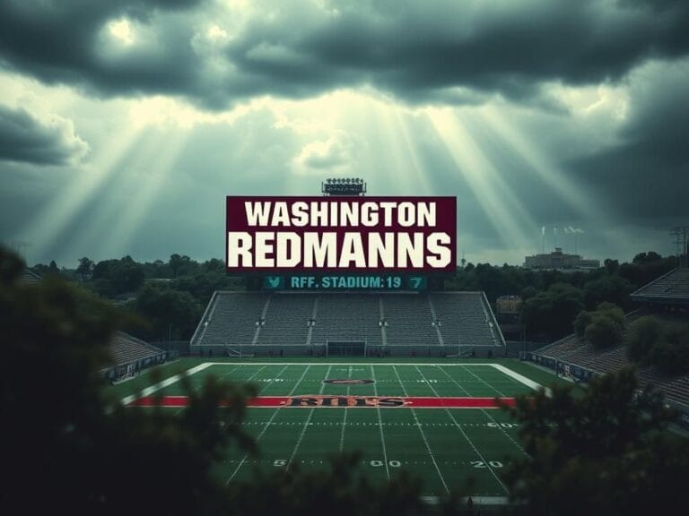 Flick International A vibrant football stadium featuring a scoreboard displaying 'Washington Commanders' overshadowed by a faded 'Redskins' logo