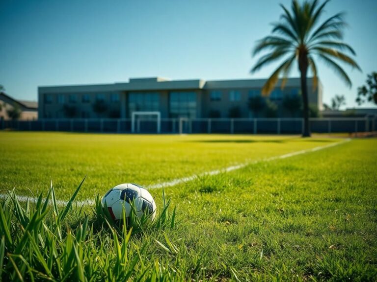 Flick International A serene suburban high school soccer field with an abandoned soccer ball, symbolizing disrupted innocence.