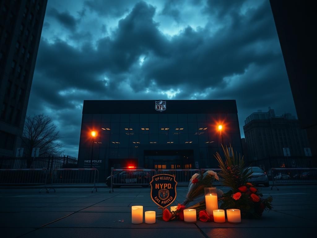 Flick International Exterior view of NFL headquarters with police barriers and memorial for fallen officer Didarul Islam