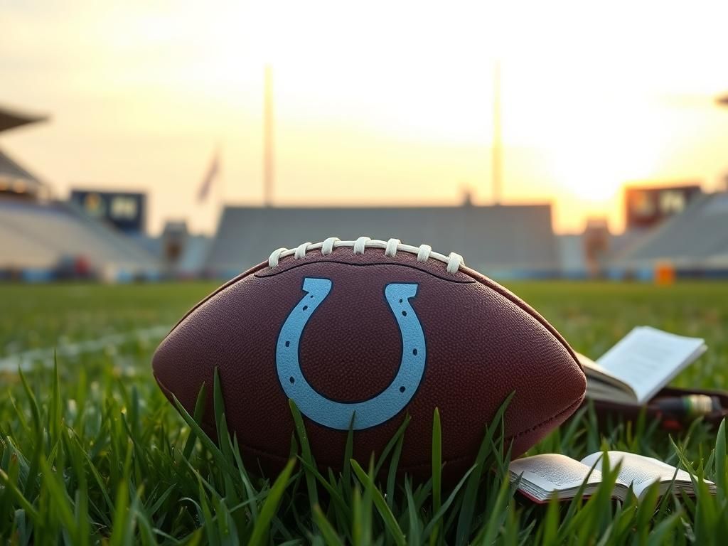 Flick International Close-up of a well-worn football on a lush green field with Colts logo, symbolizing resilience