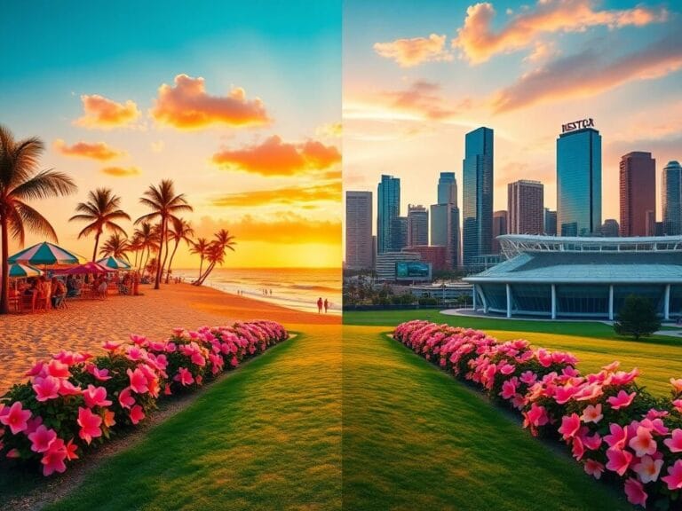 Flick International A vibrant split landscape depicting South Florida's beach scene and Houston's skyline at sunset