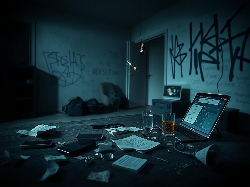 Flick International Ominous urban apartment interior with electronic devices relating to Bitcoin