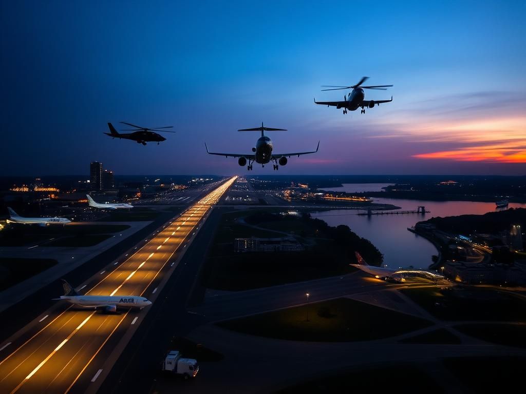 Flick International Aerial view of Ronald Reagan National Airport at twilight showing commercial airliners and an Army helicopter