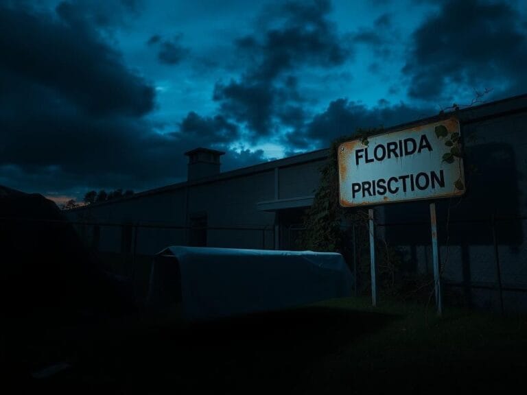 Flick International Exterior view of Florida State Prison at dusk with an empty gurney under a white sheet
