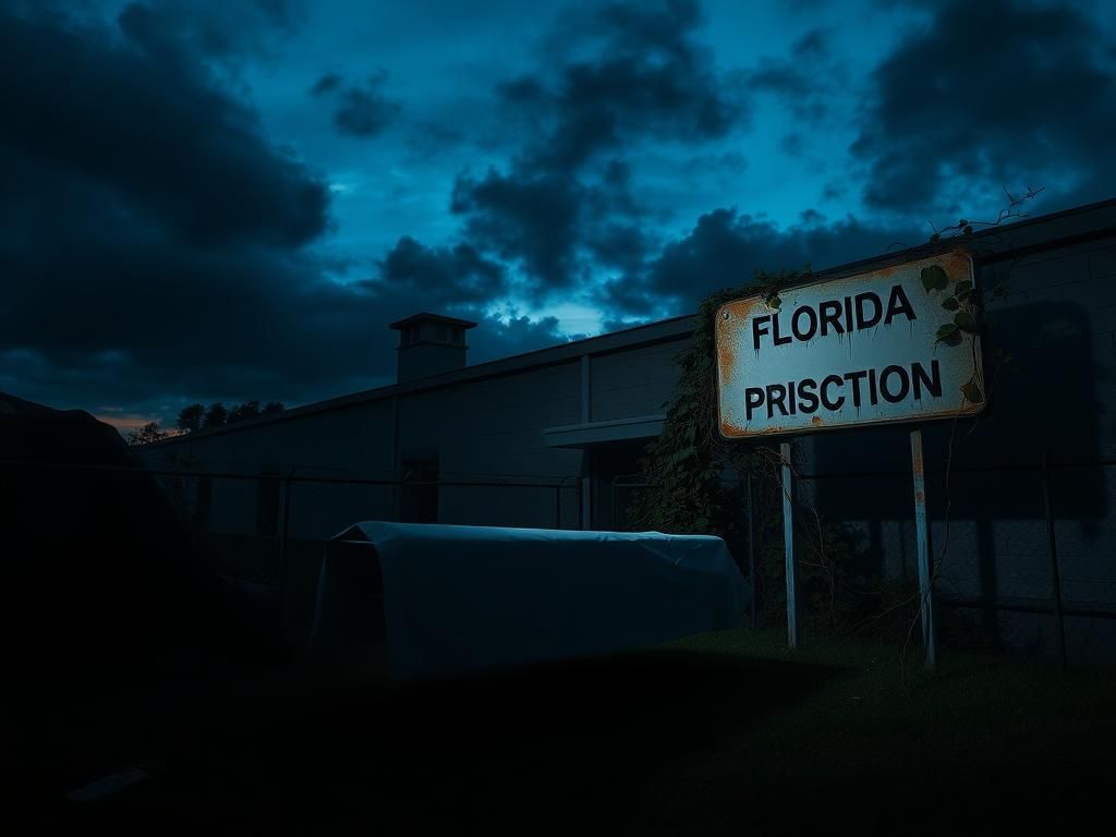 Flick International Exterior view of Florida State Prison at dusk with an empty gurney under a white sheet