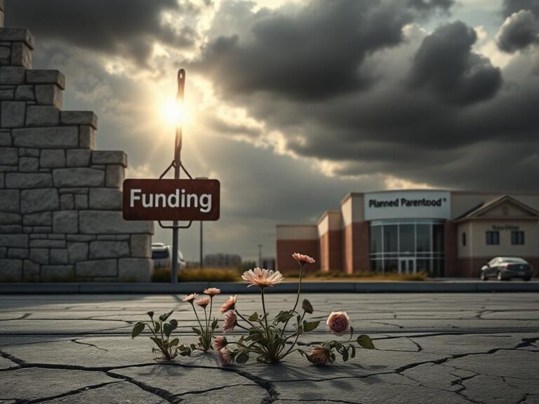 Flick International Weathered stone wall with broken chain and sign reading 'Funding', symbolizing healthcare funding debates.