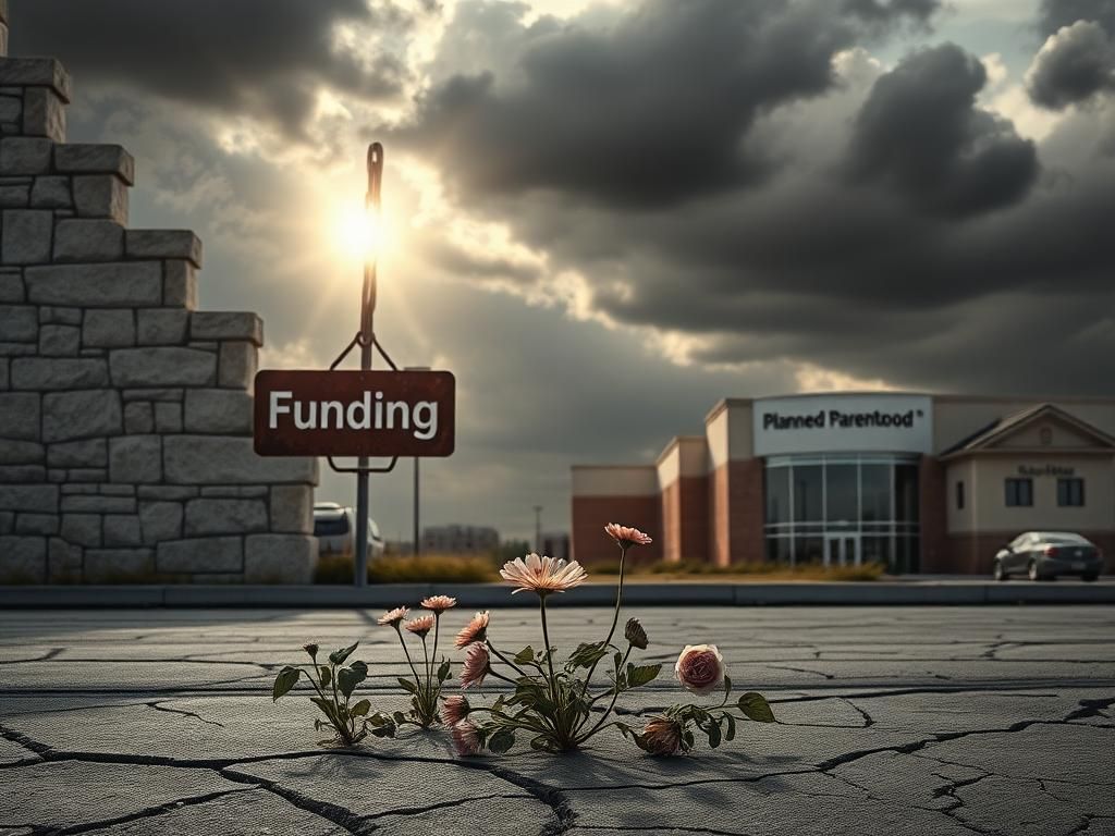 Flick International Weathered stone wall with broken chain and sign reading 'Funding', symbolizing healthcare funding debates.