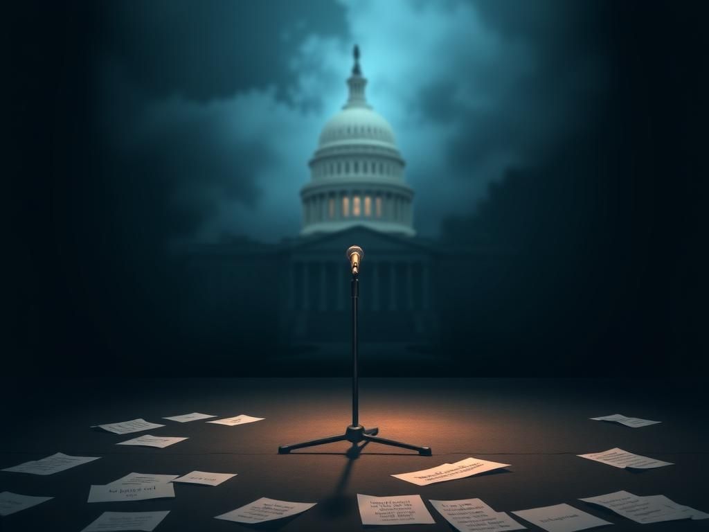 Flick International Abstract representation of political uncertainty with a solitary microphone on a dimly lit stage