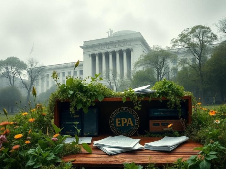 Flick International A modern representation of government bureaucracy surrounded by overgrown greenery symbolizing environmental protection.