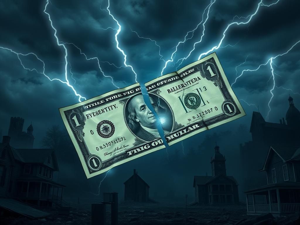 Flick International A fragmented large dollar bill symbolizing Trump's spending bill surrounded by crumbling community buildings.