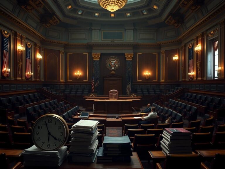 Flick International A dimly lit House floor with an ornate podium and stacks of paper symbolizing political tension
