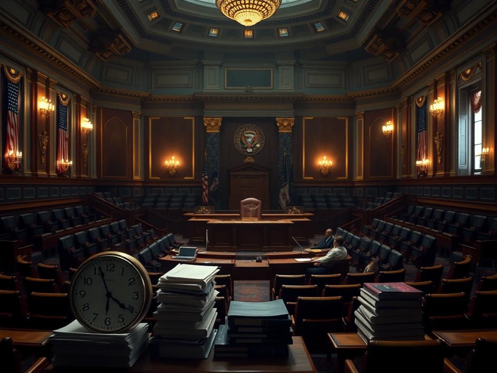 Flick International A dimly lit House floor with an ornate podium and stacks of paper symbolizing political tension