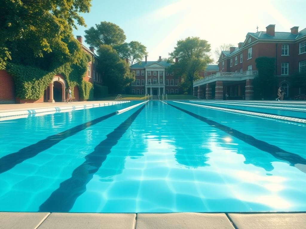 Flick International Serene outdoor swimming pool at a university campus symbolizing women's sports