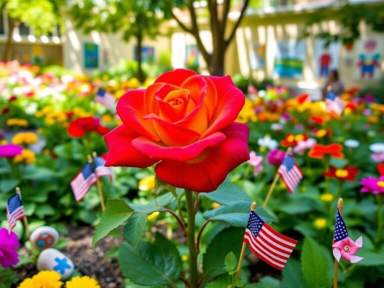 Flick International A vibrant garden scene at Children's National Hospital featuring the 'Eternal Flame' tea rose and patriotic crafts.