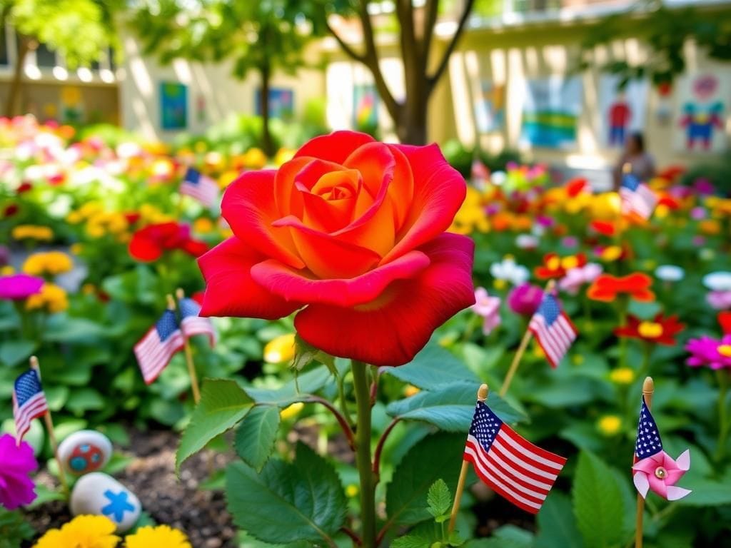 Flick International A vibrant garden scene at Children's National Hospital featuring the 'Eternal Flame' tea rose and patriotic crafts.